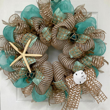 Chevron Beach Wreath With  Starfish, Nautical Balls And Sand Dollars Handmad