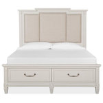 Magnussen - Magnussen Willowbrook Cal King Panel Storage Bed w/ Headboard, White - Charming and chic, Willowbrook combines a soft and casual Egg Shell White finish with classic forms to create a soothing atmosphere that relaxes mind and body. Create a serene setting with vintage silhouettes featuring breakfront shaping on the dresser, panel bed headboard and mirror, and tarnished silver hardware including a decorated knob and elegant bail pull. Crafted of Birch Veneer and Hardwood Solids with a subtle gray wash over the creamy finish, Willowbrook is at home in settings from cottage to coastal and from traditional to soft modern. The stunning panel bed has a storage footboard option with two drawers and a wood-framed upholstered headboard. Three nightstand options are offered including a two-drawer nightstand, one-drawer nightstand with two shelves, and a door bachelor's chest. The functional door chest has a sliding wood door with wood shelves behind, five left drawers with felt-lined top drawers and one bottom drawer. From beaches to the countryside, and from mountain valleys to suburban trails, Willowbrook is a relaxing destination for the end of each day's journey.