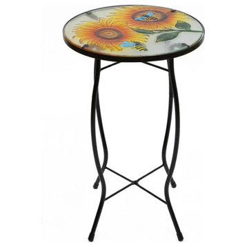 19" Sunflower and Bumblebee Glass Patio Side Table