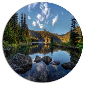 Mountain Lake Surrounded By Trees, Landscape Disc Metal Wall Art, 11"