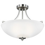 Generation Lighting - Generation Lighting 7716503 Geary 3 Light 19"W Semi-Flush Bowl - Brushed Nickel - Features Constructed from steel Includes a frosted glass shade (3) 100 watt maximum medium (E26) bulbs required Can also be mounted as a pendant CUL and ETL rated for damp locations Meets California Title 24 energy standards Dimensions Height: 16-3/8" Maximum Height: 54-1/4" Width: 18-5/8" Depth: 18-5/8" Product Weight: 8 lbs Chain Length: 36" Wire Length: 72" Shade Height: 5-1/4" Shade Depth: 17-3/4" Canopy Height: 3/4" Canopy Width: 4-7/8" Electrical Specifications Max Wattage: 300 watts Number of Bulbs: 3 Max Watts Per Bulb: 100 watts Bulb Base: Medium (E26) Bulb Shape: A19 Bulbs Included: No