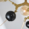 Gold Aluminum Frame Light Fixture, Amber Glass Shades, Black Glass Globes
