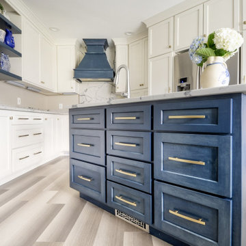 Navy Stained Island, Hood vent and Floating Shelves in White Shaker Kitchen