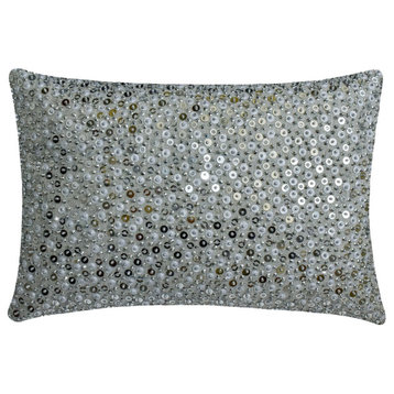 Silver Jacquard 12"x22" Lumbar Pillow Cover Sequins Beaded and Lurex Fizza