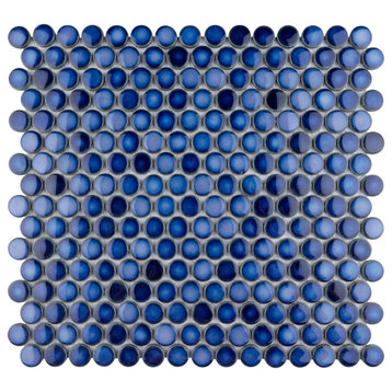 Hudson Penny Porcelain Mosaic Floor and Wall Tile, Glossy Sapphire