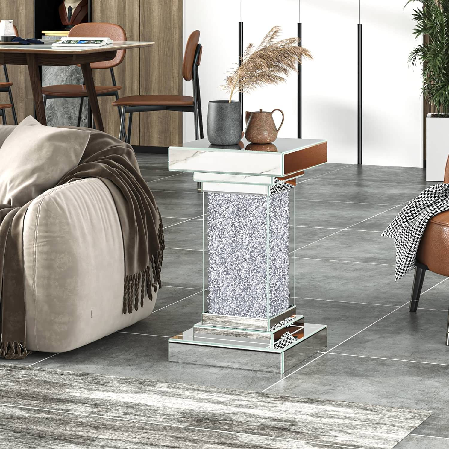 Elegant Side Table, Mirrored Design With Square Top & Crushed Faux Diamond Base - Contemporary ...