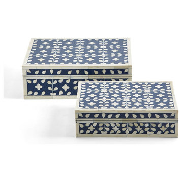 Two's Company Set of 2 Flower and Petals Blue & White Tear Hinged Cover Boxes