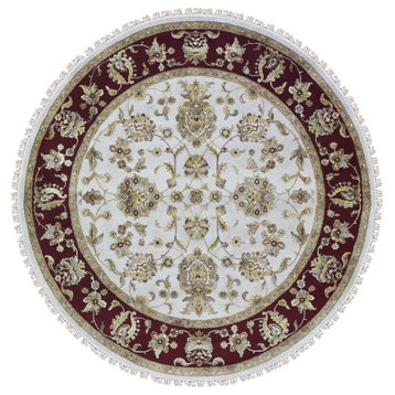 Ivory Rajasthan Half Wool & Half Silk Floral Design Thick & Plush Rug, 6'1"x6'1"