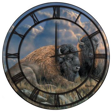 Wall Clock With Full Art, Distant Thunder Bison, Black Numbers, 24"x24"