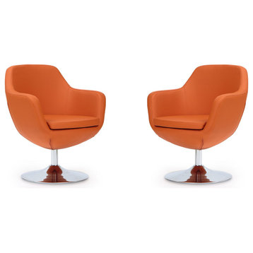 Caisson Faux Leather Swivel Accent Chair, Orange and Polished Chrome, Set of 2