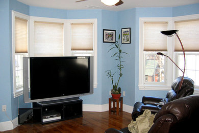 Example of a transitional medium tone wood floor family room design in Boston with a tv stand, blue walls and no fireplace