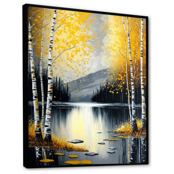 Monochrome Golden Birch Trees By The Lake I Framed Canvas, 24x32, Black