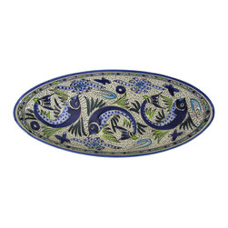 Le Souk Ceramique - Extra Large Stoneware Oval Platter Aqua Fish Design - Serving Dishes And Platters