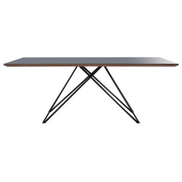 Modern Dining Table, Geometric Iron Legs With Wood Support & Dark Gray Glass Top