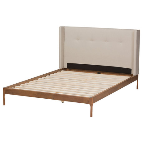Brooklyn Midcentury Modern Walnut Wood/Fabric Platform Bed, Light Beige, Queen