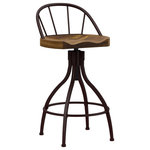 Hillsdale Furniture - Hillsdale Worland Metal Adjustable Height Stool with Back and Wood Saddle Seat - Put a new spin on your home dining or entertaining space – literally! A rustic round saddle or tractor-style wood seat boasts a walnut wood finish while a brown metal base and exposed corkscrew mechanism adds on-trend industrial flair. Four flared legs support a 360-degree swivel seat that easily adjusts from  26" to 30" for just the right height for everyone at the table.  Combining a spindle curved metal back and perfectly placed ring footrest this adjustable stool will keep you comfy at every turn. Assembly required.