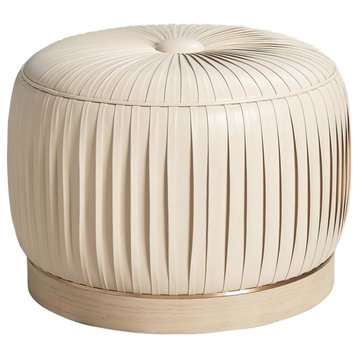 Pleated Ivory Leather Pouf