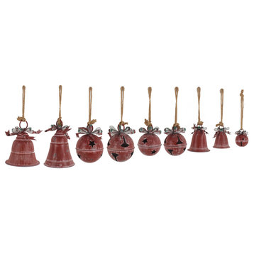 Set of 9 Assorted Sized Hanging Christmas Bells, Antique Red