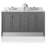 Ancerre Designs - Shelton Bath Vanity Set, Sapphire Gray, 60", Top: Carrara White Marble, Without - Shelton a minimalist design with clean crisp lines that is skillfully handcrafted to perfection. From selecting quality wood and using the most durable soft-close hardware, no details were overlooked in crafting the Shelton 60 in. vanity set.  The vanity set includes a furniture style cabinet, imported Italian Cararra white marble top with a 4 in. Backsplash, wide rectangular under mount basin, solid wood dovetailed drawer boxes, soft-close doors & drawers and brushed nickel hardware. Complete the look with our mirrors which are sold separately (M-24-SG)