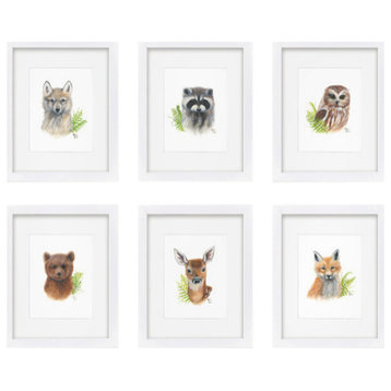 "Woodland Littles 2" Set of Six Framed Prints With Mat, White, 11x14
