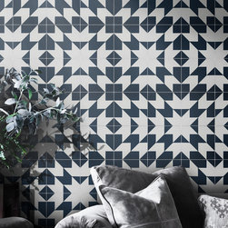 Moroccan Mosaic & Tile House - 8"x8" Oujda Handmade Cement Tile, Navy Blue/White, Set of 12 - Wall And Floor Tile
