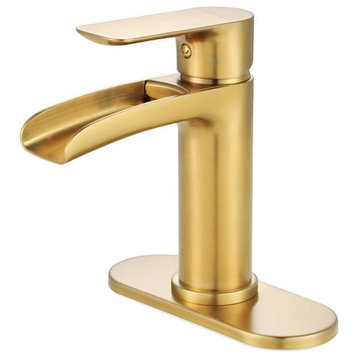 Single Hole Waterfall Spout Bathroom Faucet with Deck Plate, Brushed Gold