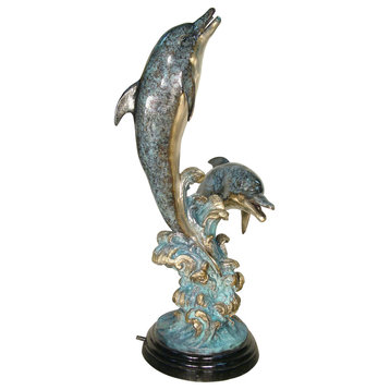 Two Dolphins Swimming Together 74" Bronze Sculpture, Special Patina Finish