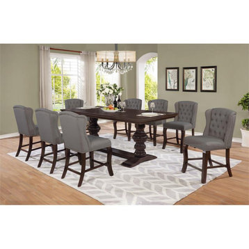 Cappuccino Wood Counterheight 9pc Dining Set with Extendable Table + Gray Chairs