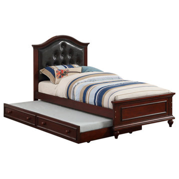Benzara BM167275 Cherub Twin Size Bed With Trundle, Black & Cherry Brown