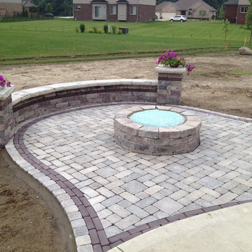 Unilock Dimensional Seat Wall, Fire PIt & Pillars w/ a Unilock Brussels patio