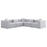 Meridian Furniture - Cube Upholstered Modular Sectional, Gray, 5-Piece: 2 Armless Chair, 3 Corner Chair, Linen Texured Fabric - Treat yourself to some long overdue "me time" when you're seated on this Cube 5-Piece Modular Sectional. This beautiful modular unit is both eye-catching and elegant, features durable linen textured upholstery in a soft grey color that meshes well with nearly any existing color scheme. Pair this modular Sectional with other items in the same collection to create an unlimited number of combinations and enjoy the custom seating arrangement of your dreams. Latches underneath make it easy to attach pieces to one another.