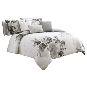 7 Piece Cotton Queen Comforter Set With Floral Print, Gray And White