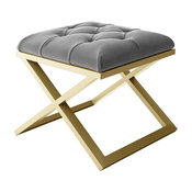 Calix Modern Bench Gold Metal Frame With Tufted Gray Velvet Seat, 24"