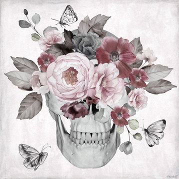 "Skull and Pink Peonies" Painting Print on Wrapped Canvas, 24x24