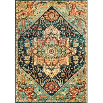 Traditional Tribal Floret Medallion Area Rug, Green, Green, 5'x7'5"