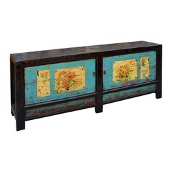 Chinese Oriental Graphic Blue Sideboard Console Table TV Cabinet - Console Tables