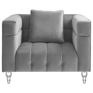 Adalyn Club Chair Gray Velvet  Biscuit Tufted Lucite Leg