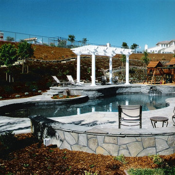 Free form pool with raised entertaining areas and spa with spill over