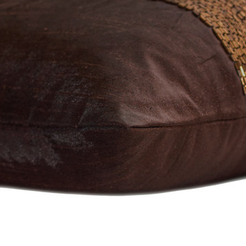 Brown Silk 12"x20" Lumbar Pillow Cover Beaded Brown Center