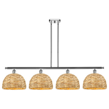 Woven Rattan 4-Light 50" Stem Island Light, Polished Chrome With Natural Shade