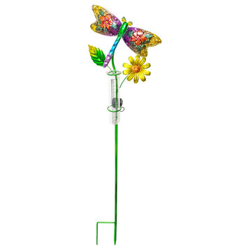 Solar Lighted Glass Dragonfly Outdoor Garden Stake With Rain Gauge
