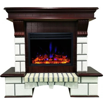 Elegant Traditional Fireplace, Brick Pattern and Carved Details, White/Mahogany