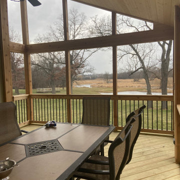 Screen Porch with Cathedral Ceiling, cedar rails, & shed roof in Lake Barrington