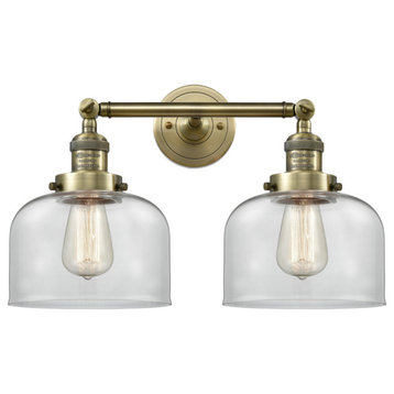 2-Light Large Bell 19" Bath Fixture, Antique Brass, Glass: Clear