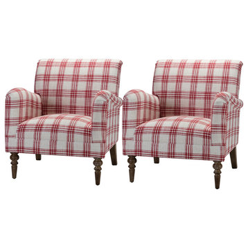 Upholstered Amchair With Plaid Pattern Set of 2, Red