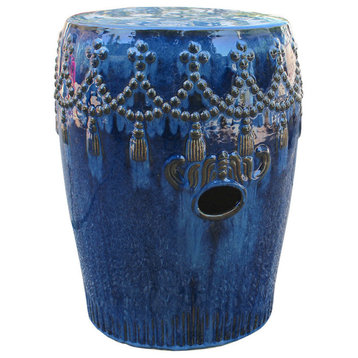 Tasseled Drum Ceramic Garden Stool, Navy Blue