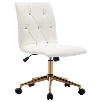Rhinestone Tufted Armless Office Chair, White Pu