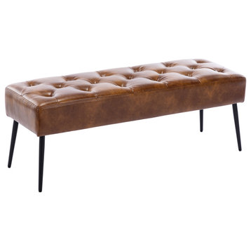 Button Tufts Bedroom Bench, Yellowish Brown With Black Legs-Faux Leather