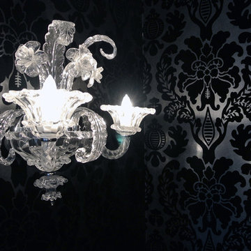 Damask Wallpaper, Clear Crystal Chandelier, Wood Wall Cladding in Master Bath