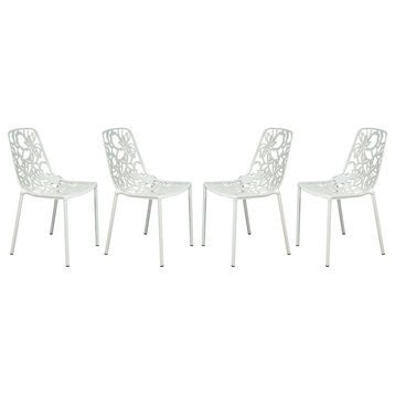 LeisureMod Devon Modern Outdoor Stackable Aluminum Dining Chair, Set of 4, White